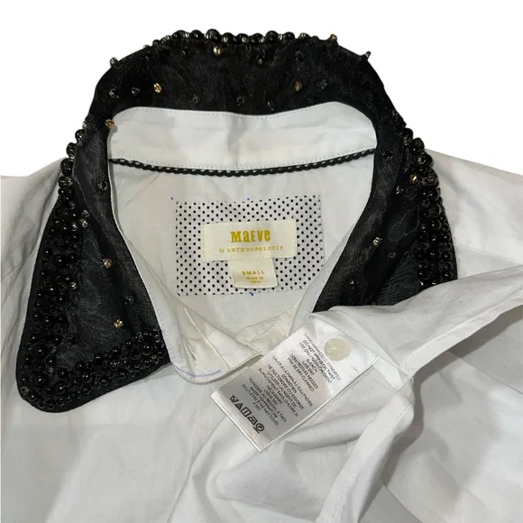 Anthropologie Maeve White Shirt with Black Sequin Collar - Picture 8 of 9